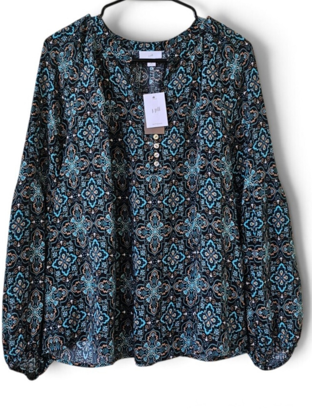 J. Jill Peasant Blouse New With Tags Blue & Brown Floral Size Medium Petite